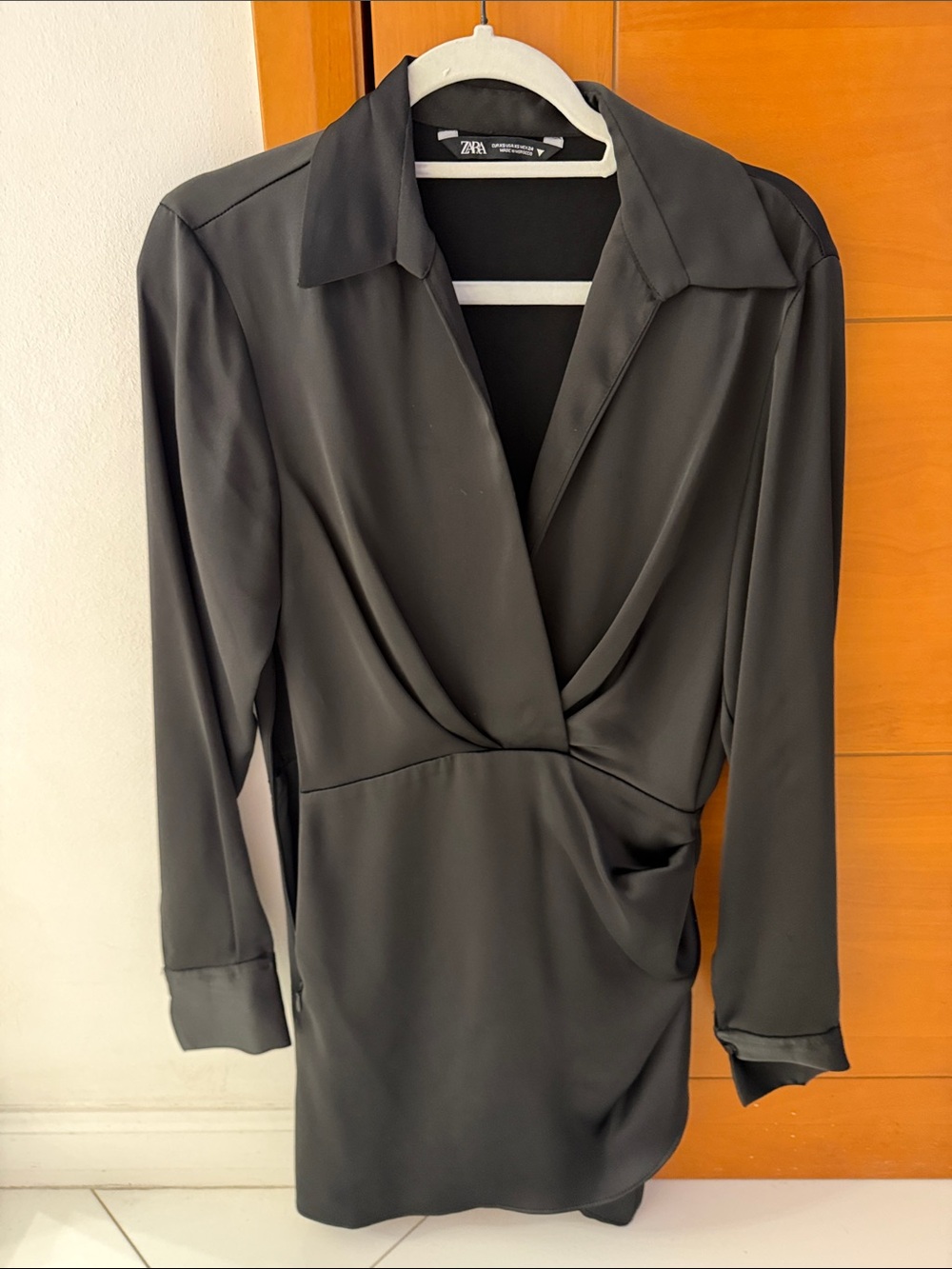 ZARA Black Draped V-Neck Long Sleeve Mini Dress